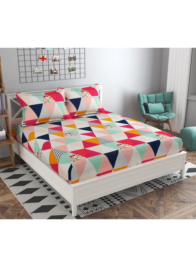 KAWI Elastic Fitted Checkered Bedsheets Queen Size For (60"X78"X8" Bed Size) Premium Cotton Feel For Double Bed With All Around Elastic With Overlock, 2 Large Pillow Cover, 200Tc - Peach Color - Image 1
