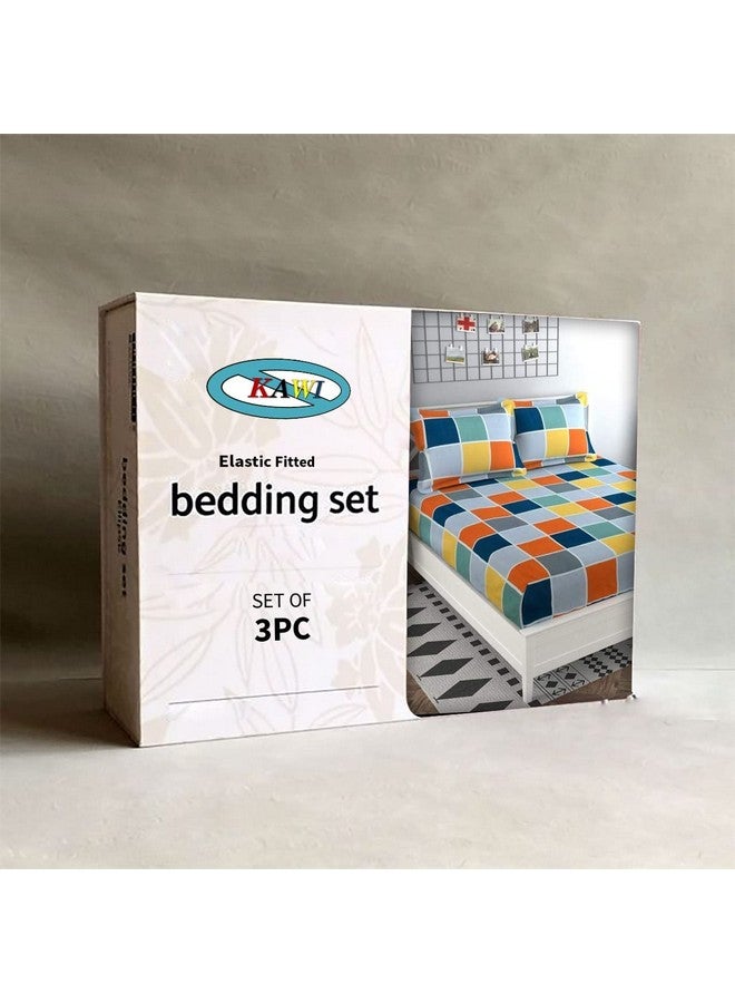 KAWI Elastic Fitted Checkered Bedsheets Queen Size For (60"X78"X8" Bed Size) Premium Cotton Feel For Double Bed With All Around Elastic With Overlock, 2 Large Pillow Cover, 200Tc - Peach Color - Image 5