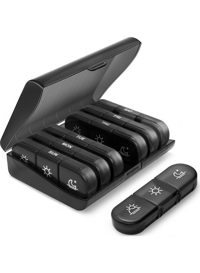 ECVV SHOWAY Weekly Pill Organizer 3 Times a Day, Portable Travel Pill Box 7 Day with Large Pill Containers, Light-Proof Pill Case for Vitamins, Medication, Supplements and Fish Oils (Black) - Image 1