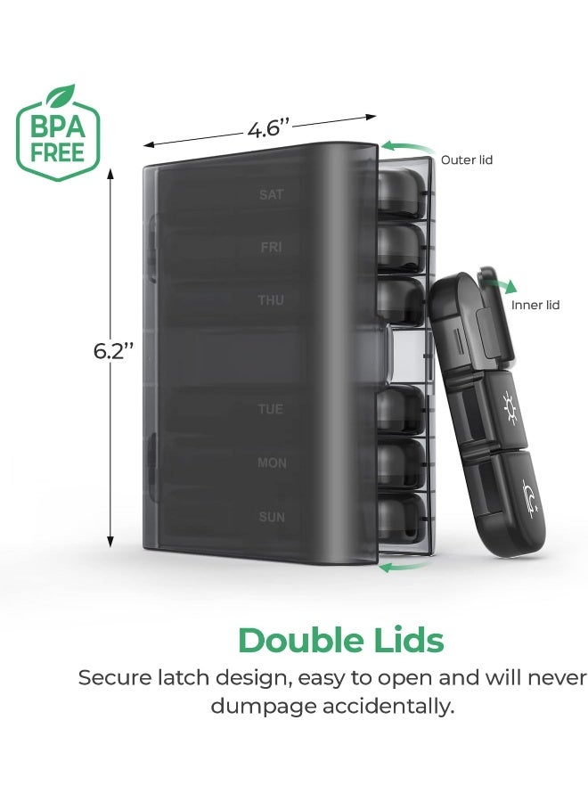 ECVV SHOWAY Weekly Pill Organizer 3 Times a Day, Portable Travel Pill Box 7 Day with Large Pill Containers, Light-Proof Pill Case for Vitamins, Medication, Supplements and Fish Oils (Black) - Image 4