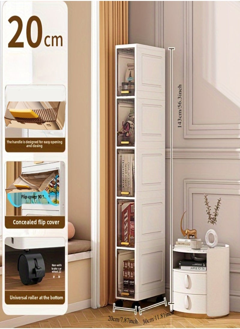 EzzySo - 1 Piece White 5 - Tier Storage Cabinet with Wheels – Perfect Foldable & Dustproof Organizer for Toys, Snacks, Clothes & Shoes – Stylish Minimalist Design for Living Room & Home Organization - Image 1