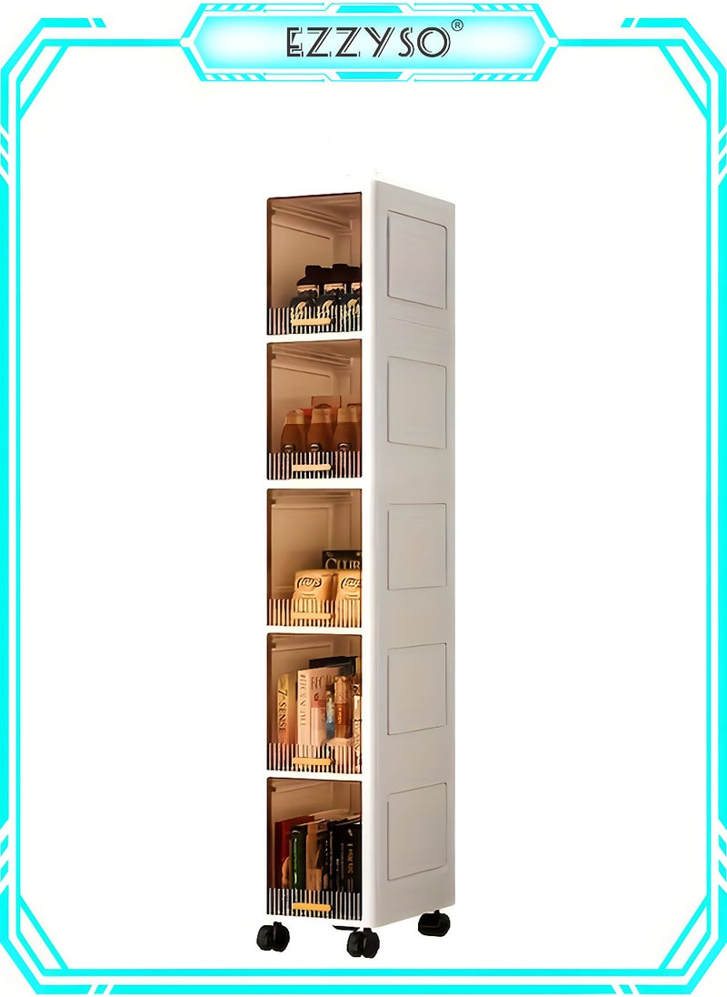 EzzySo - 1 Piece White 5 - Tier Storage Cabinet with Wheels – Perfect Foldable & Dustproof Organizer for Toys, Snacks, Clothes & Shoes – Stylish Minimalist Design for Living Room & Home Organization - Image 1