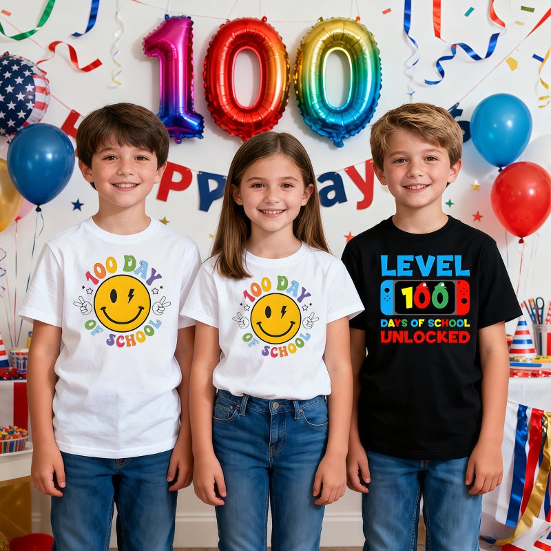 YWAGK 100 Days of School Shirt Kids Boys Smile Face 100th Day of School T-Shirts Toddler Graphic Tee Tops White (4-5 Years) - Image 5