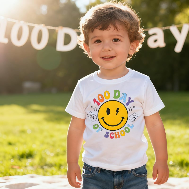 YWAGK 100 Days of School Shirt Kids Boys Smile Face 100th Day of School T-Shirts Toddler Graphic Tee Tops White (4-5 Years) - Image 3