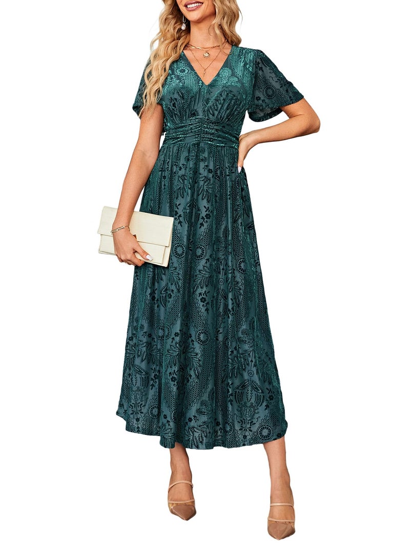 Simplee Womens Fall Formal Wedding Guest Velvet Maxi Dress Elegant Floral High Waisted V Neck Short Sleeve Long Dress Medium Green