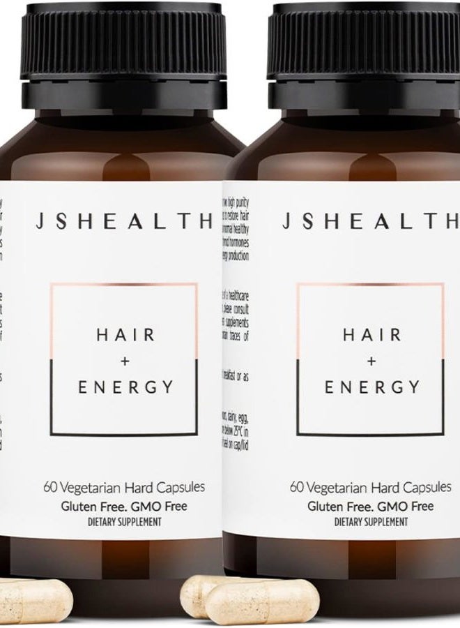 JSHealth فيتامينات الشعر + تركيبة الطاقة | فيتامينات الشعر للنساء والرجال مع اليود والزنك | تدعم قوة الشعر ومستويات الطاقة وصيانة الشعر الصحية (60 كبسولة عبوة من 2) - Image 1