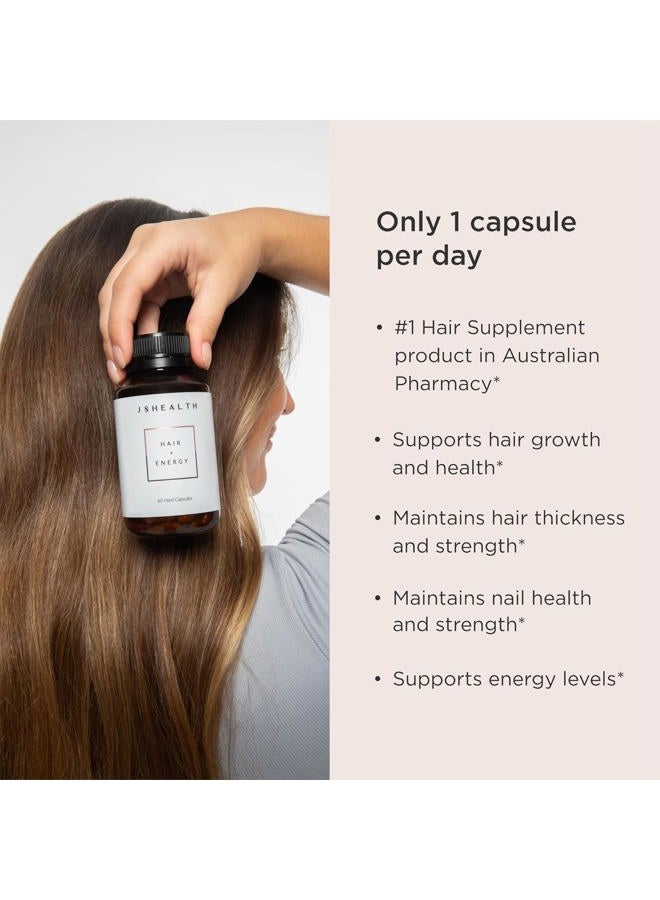 JSHealth فيتامينات الشعر + تركيبة الطاقة | فيتامينات الشعر للنساء والرجال مع اليود والزنك | تدعم قوة الشعر ومستويات الطاقة وصيانة الشعر الصحية (60 كبسولة عبوة من 2) - Image 2