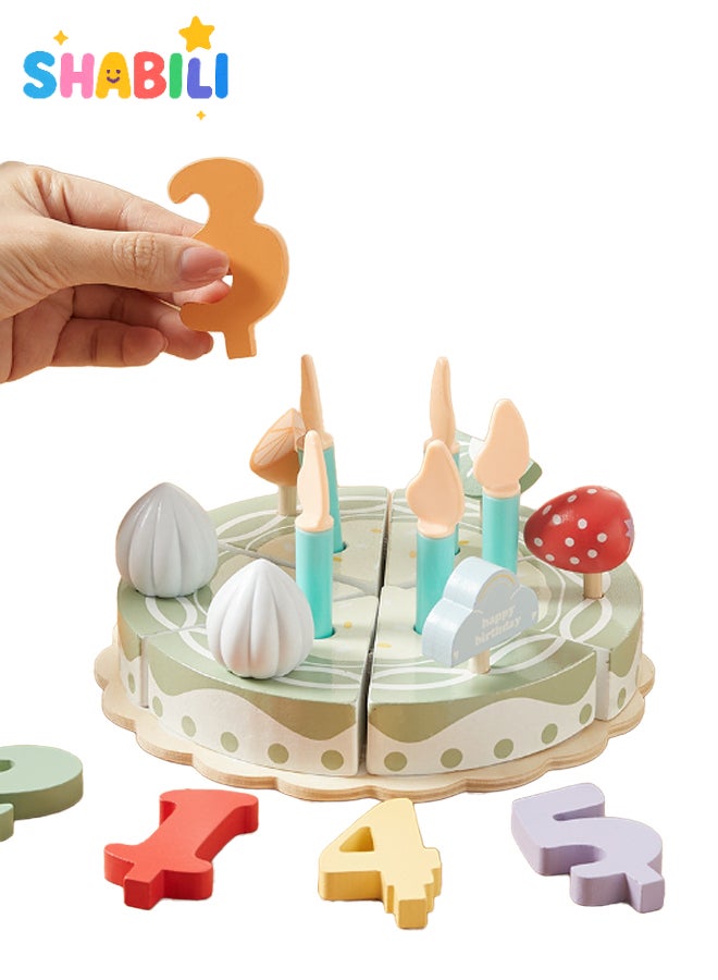 SHABILI Pretend Play Birthday Cake Set Wooden Cutting Toys with Velcro Simulation Slices for Kids Boys & Girls Age 3+ Early Learning Role Play Kitchen Gift - Image 4