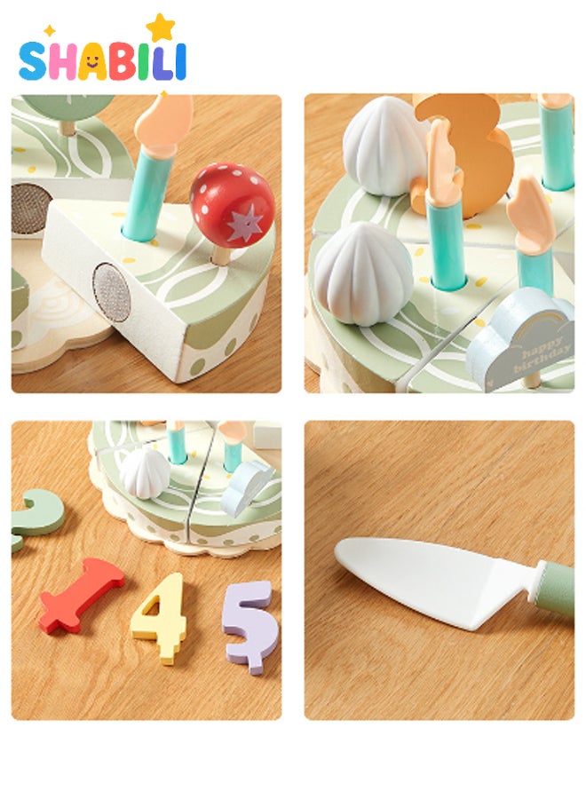 SHABILI Pretend Play Birthday Cake Set Wooden Cutting Toys with Velcro Simulation Slices for Kids Boys & Girls Age 3+ Early Learning Role Play Kitchen Gift - Image 5