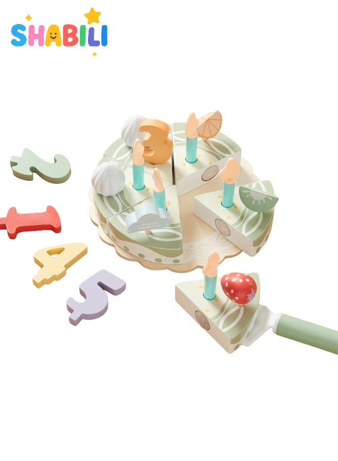 SHABILI Pretend Play Birthday Cake Set Wooden Cutting Toys with Velcro Simulation Slices for Kids Boys & Girls Age 3+ Early Learning Role Play Kitchen Gift - Image 1
