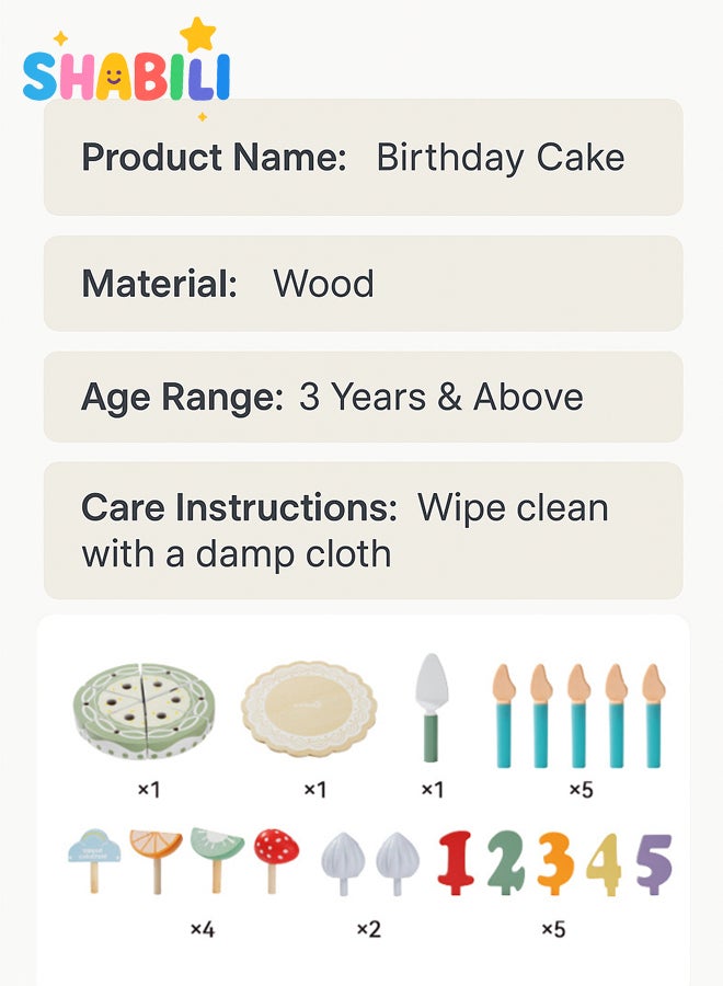 SHABILI Pretend Play Birthday Cake Set Wooden Cutting Toys with Velcro Simulation Slices for Kids Boys & Girls Age 3+ Early Learning Role Play Kitchen Gift - Image 3