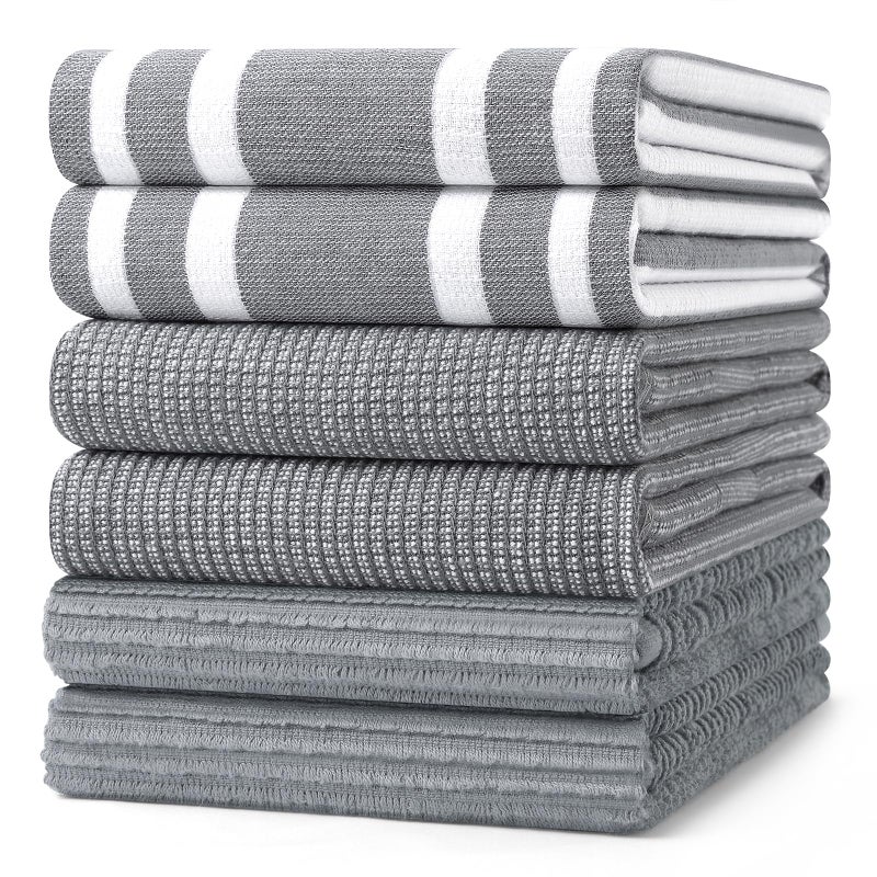 Homaxy Premium Kitchen Towels(18â€x 28â€, 6 Pack), Large Cotton 380 GSM Kitchen Hand Towels, Soft and Absorbent Terry Dish Towels, Multipurpose Tea Towel Set with Hanging Loop, Grey - Image 1