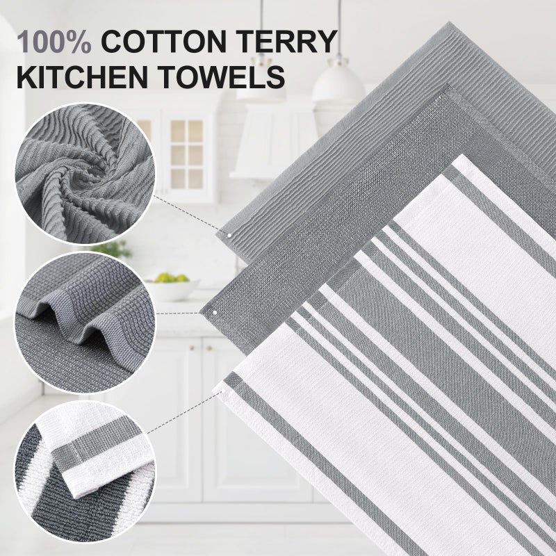 Homaxy Premium Kitchen Towels(18â€x 28â€, 6 Pack), Large Cotton 380 GSM Kitchen Hand Towels, Soft and Absorbent Terry Dish Towels, Multipurpose Tea Towel Set with Hanging Loop, Grey - Image 2