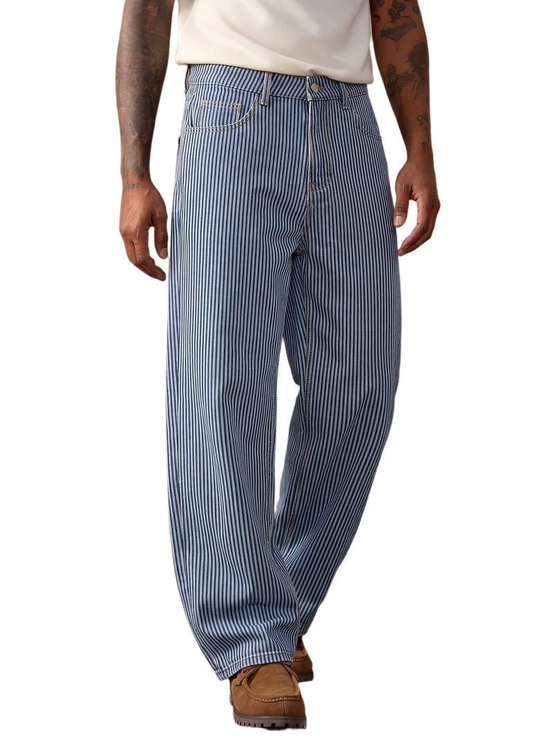 Men'S Light Blue Vertical Striped Wide-Leg Denim Trousers, Featuring an American Relaxed Fit with a Floor-Length Design, Vintage High Street Comfortable Casual Pants, Trendy Striped Versatil - Image 1