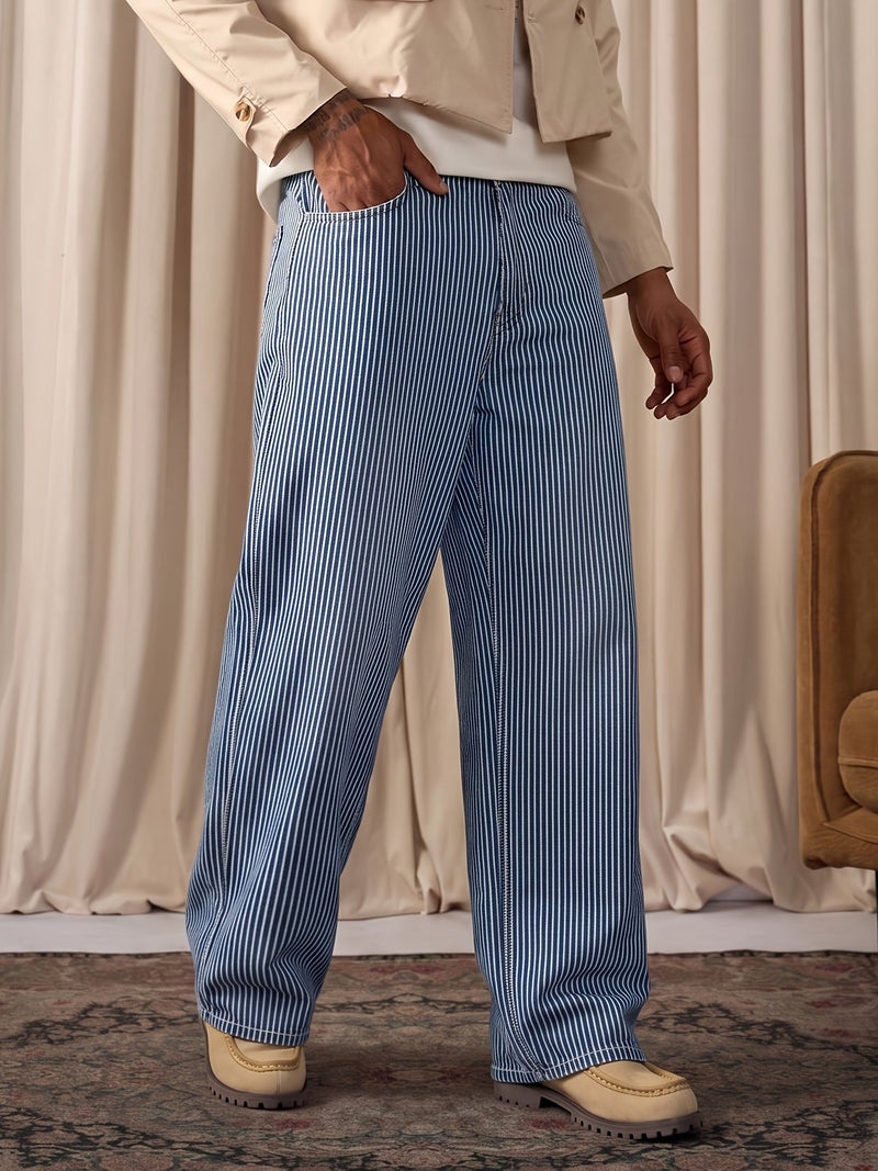 Men'S Light Blue Vertical Striped Wide-Leg Denim Trousers, Featuring an American Relaxed Fit with a Floor-Length Design, Vintage High Street Comfortable Casual Pants, Trendy Striped Versatil - Image 3