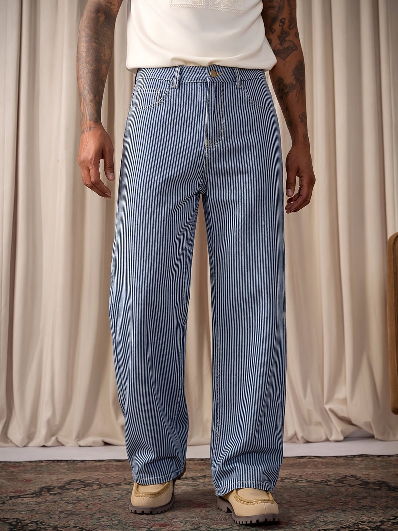 Men'S Light Blue Vertical Striped Wide-Leg Denim Trousers, Featuring an American Relaxed Fit with a Floor-Length Design, Vintage High Street Comfortable Casual Pants, Trendy Striped Versatil - Image 4