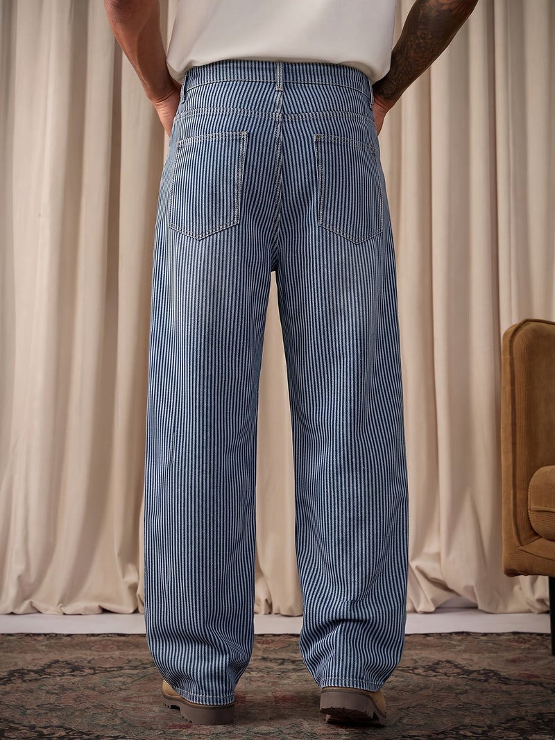 Men'S Light Blue Vertical Striped Wide-Leg Denim Trousers, Featuring an American Relaxed Fit with a Floor-Length Design, Vintage High Street Comfortable Casual Pants, Trendy Striped Versatil - Image 5