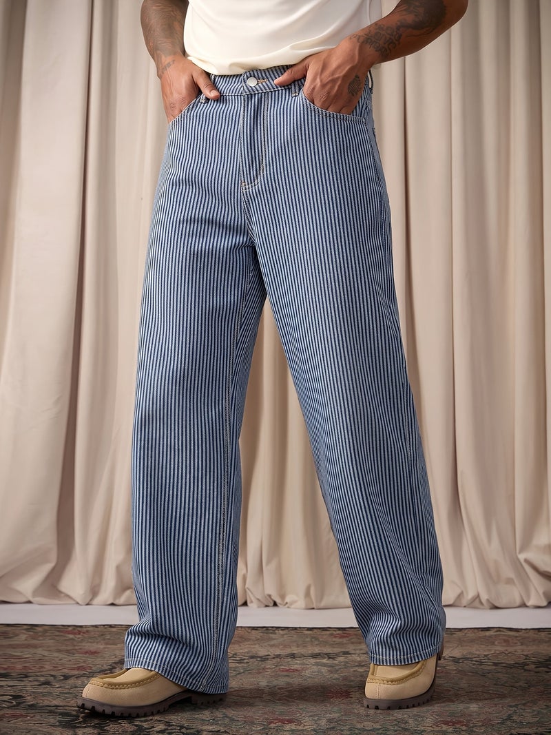 Men'S Light Blue Vertical Striped Wide-Leg Denim Trousers, Featuring an American Relaxed Fit with a Floor-Length Design, Vintage High Street Comfortable Casual Pants, Trendy Striped Versatil - Image 2