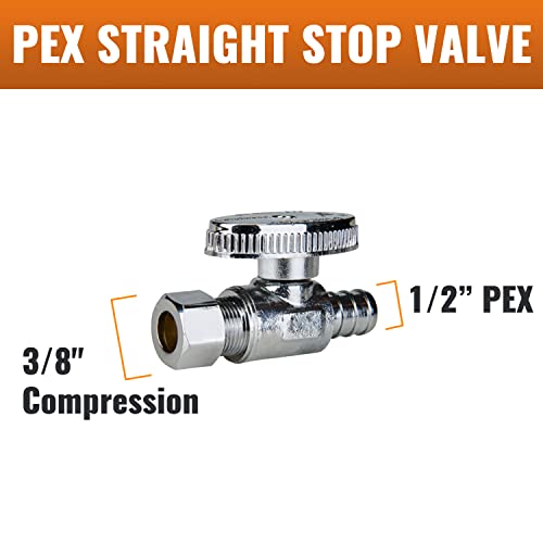SUNGATOR 12-Pack Straight Stop Valve, 1/2" PEX x 3/8" OD Compression, Quarter Turn Chrome Plated, 1/2 inch Pex Shut Off Valves for Faucet and Toilet, UPC Certified - Image 2