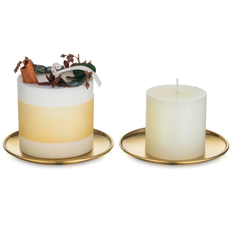 Romadedi Gold Pillar Candle Holders Decor 55 Inch Round Candle Tray Decorative Brass Metal Plate Candle Srand for 3 Wick Candles Jars for Coffee Table Countertop Home Decorations Set of 2