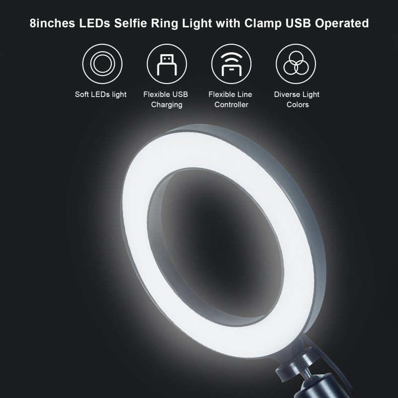 8Inch RGB Selfie Ring Light - Flicker-Free Anti-Glare Eye-Caring Light With Stable 70mm Clamp, 3 Color Temperatures, 10 Dimmable Levels, USB Powered For Live Broadcasting, Web Conferencing, Self-Portr - Image 2