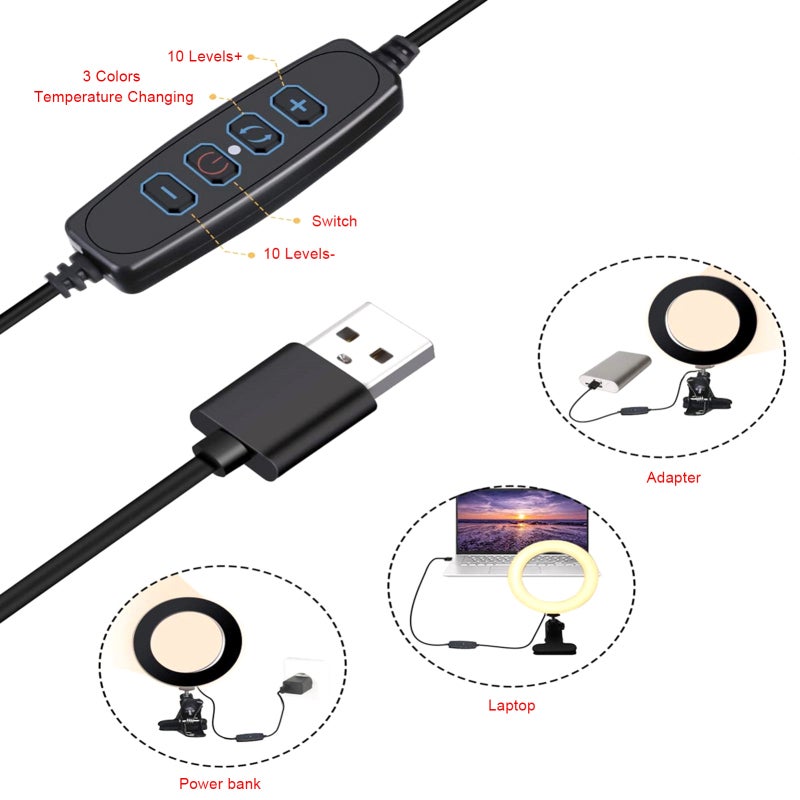 8Inch RGB Selfie Ring Light - Flicker-Free Anti-Glare Eye-Caring Light With Stable 70mm Clamp, 3 Color Temperatures, 10 Dimmable Levels, USB Powered For Live Broadcasting, Web Conferencing, Self-Portr - Image 5