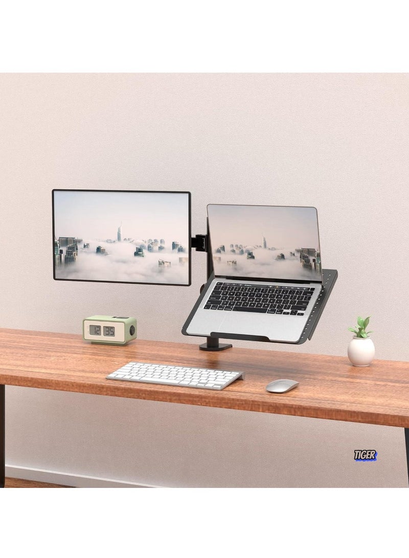 TIGER Laptop and Monitor Stand – Fully Adjustable Mount with Laptop Tray for 1 Notebook (up to 17 Inches) and 1 Screen (up to 27 Inches), 22 lbs Capacity (M001LP), Black – Ergonomic, Space-Saving Desk Stand for Enhanced Productivity  - Image 2