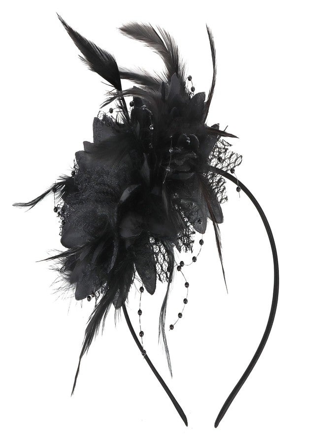 CIEHER Black Fascinators Hats for Women Tea Party, Derby Hat 2 Flower Feathers Headband for Girls