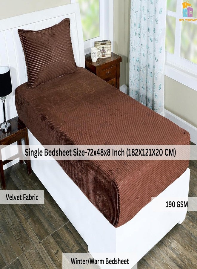 RD TREND 190 GSM Flannel Elastic Fitted Warm bedsheets for Winter Single Bed (72x48x8 Inches) with 1 Pillow Cover Size (18x28 Inches) Color- Coffee - Image 2