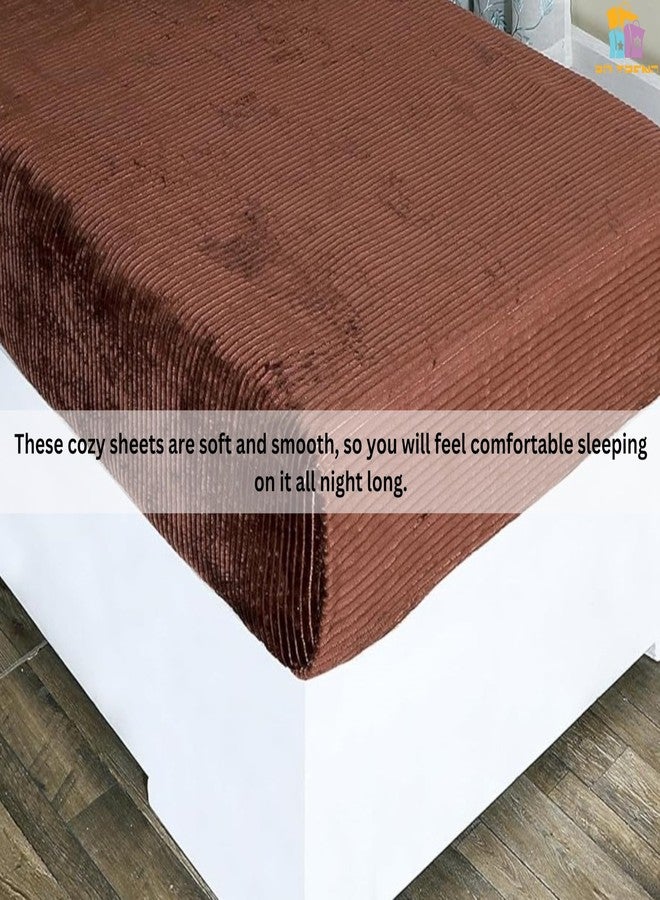 RD TREND 190 GSM Flannel Elastic Fitted Warm bedsheets for Winter Single Bed (72x48x8 Inches) with 1 Pillow Cover Size (18x28 Inches) Color- Coffee - Image 5