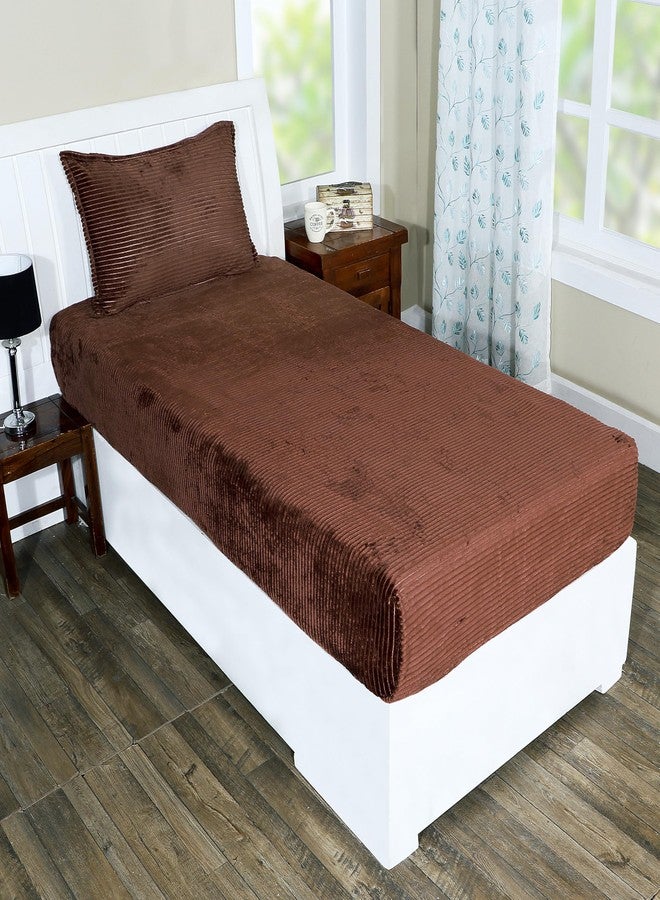 RD TREND 190 GSM Flannel Elastic Fitted Warm bedsheets for Winter Single Bed (72x48x8 Inches) with 1 Pillow Cover Size (18x28 Inches) Color- Coffee - Image 1