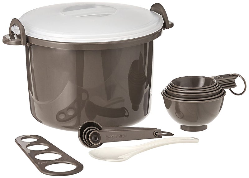 مجموعة طهي الأرز والمعكرونة القابلة للميكروويف من Prep Solutions - 17 قطعة تشمل ملاعق وكؤوس قياس، ملعقة أرز، إدخال بخار، مقياس معكرونة، وغطاء قفل بسعة 12 كوب، خالية من BPA، رمادي