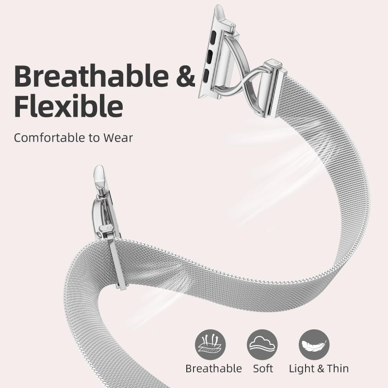 Dirrelo Stainless Steel Band Compatible with iWatch Bands Women 40mm 41mm 42mm 38mm 44mm 45mm,Slim Mesh Metal Clasp Replacement Strap for Apple Watch Series 11 Band 10 9 8 7 6 5 4 2 SE 3 Ultra,Silver - Image 3