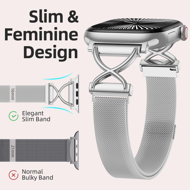 Dirrelo Stainless Steel Band Compatible with iWatch Bands Women 40mm 41mm 42mm 38mm 44mm 45mm,Slim Mesh Metal Clasp Replacement Strap for Apple Watch Series 11 Band 10 9 8 7 6 5 4 2 SE 3 Ultra,Silver - Image 2