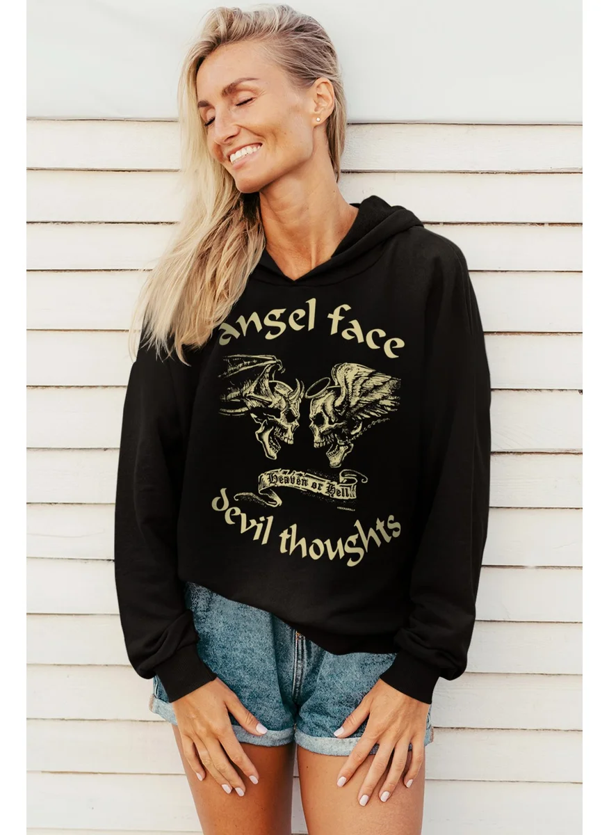 Rock&Roll Long Angel Devil Black Hooded Women's Sweatshirt