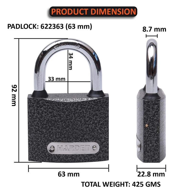 Harden 63mm Padlock Iron Lock Body Brass Lock Cylinder Comes with 3 Keys 622363 - Image 2