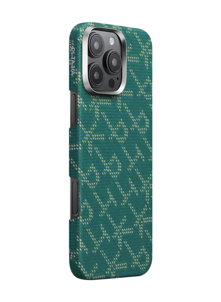 PITAKA PITAKA iPhone 16 Pro Floating Woven Case, Aramid Fiber, Thin, Lightweight, MagSafe Compatible, Wireless Charging, Shockproof, Stylish, 9th Anniversary Monogrammed Tactile Woven Case (PTK - Green/Gold)  - Image 3