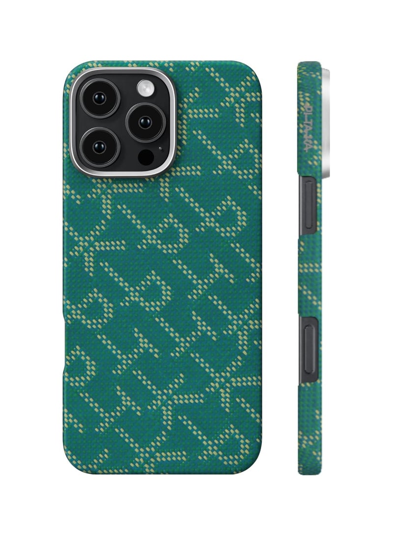 PITAKA PITAKA iPhone 16 Pro Floating Woven Case, Aramid Fiber, Thin, Lightweight, MagSafe Compatible, Wireless Charging, Shockproof, Stylish, 9th Anniversary Monogrammed Tactile Woven Case (PTK - Green/Gold)  - Image 1