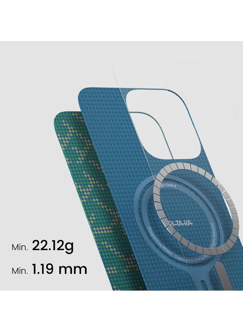 PITAKA PITAKA iPhone 16 Pro Floating Woven Case, Aramid Fiber, Thin, Lightweight, MagSafe Compatible, Wireless Charging, Shockproof, Stylish, 9th Anniversary Monogrammed Tactile Woven Case (PTK - Green/Gold)  - Image 4
