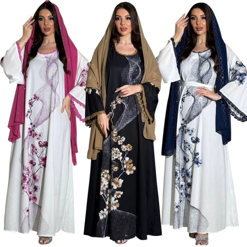 Xqy Middle East Muslim Robe Dubai Arabian Print Robe Dress With Belt - Image 2