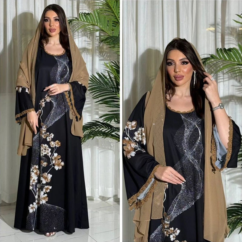Xqy Middle East Muslim Robe Dubai Arabian Print Robe Dress With Belt - Image 3