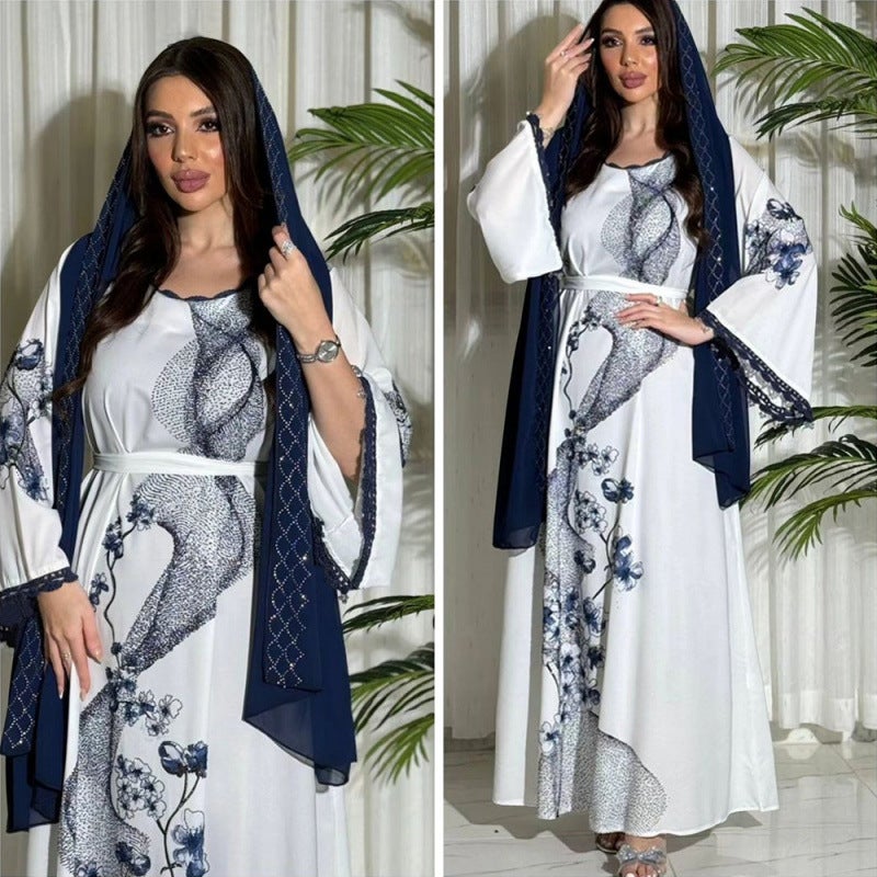 Xqy Middle East Muslim Robe Dubai Arabian Print Robe Dress With Belt - Image 5