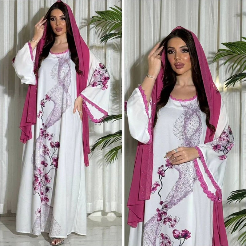 Xqy Middle East Muslim Robe Dubai Arabian Print Robe Dress With Belt - Image 4