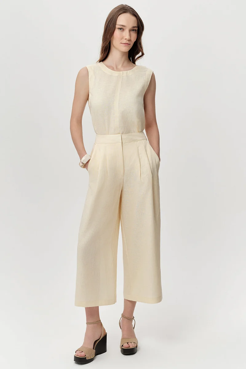 EXQUISE Pocketed Zip-Up Culotte Regular Linen Butter Pants