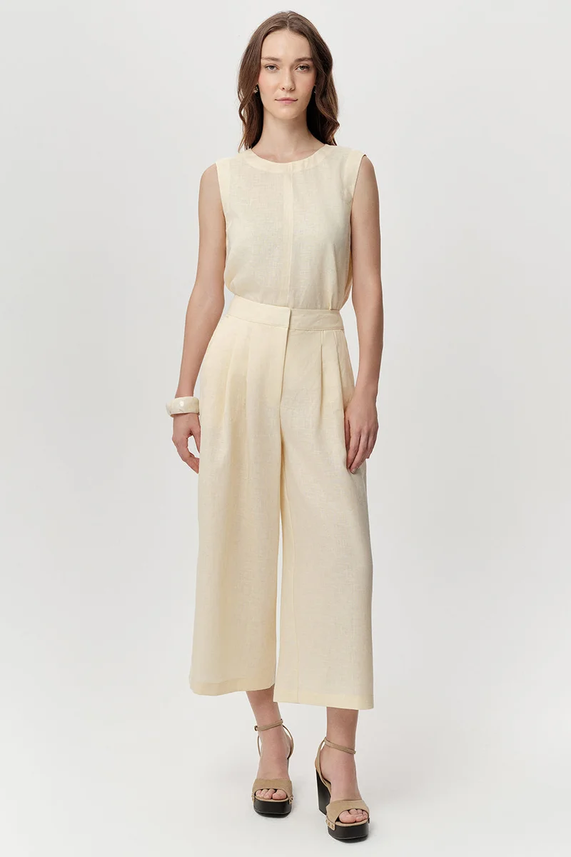 Exquise Pocketed Zip-Up Culotte Regular Linen Butter Pants