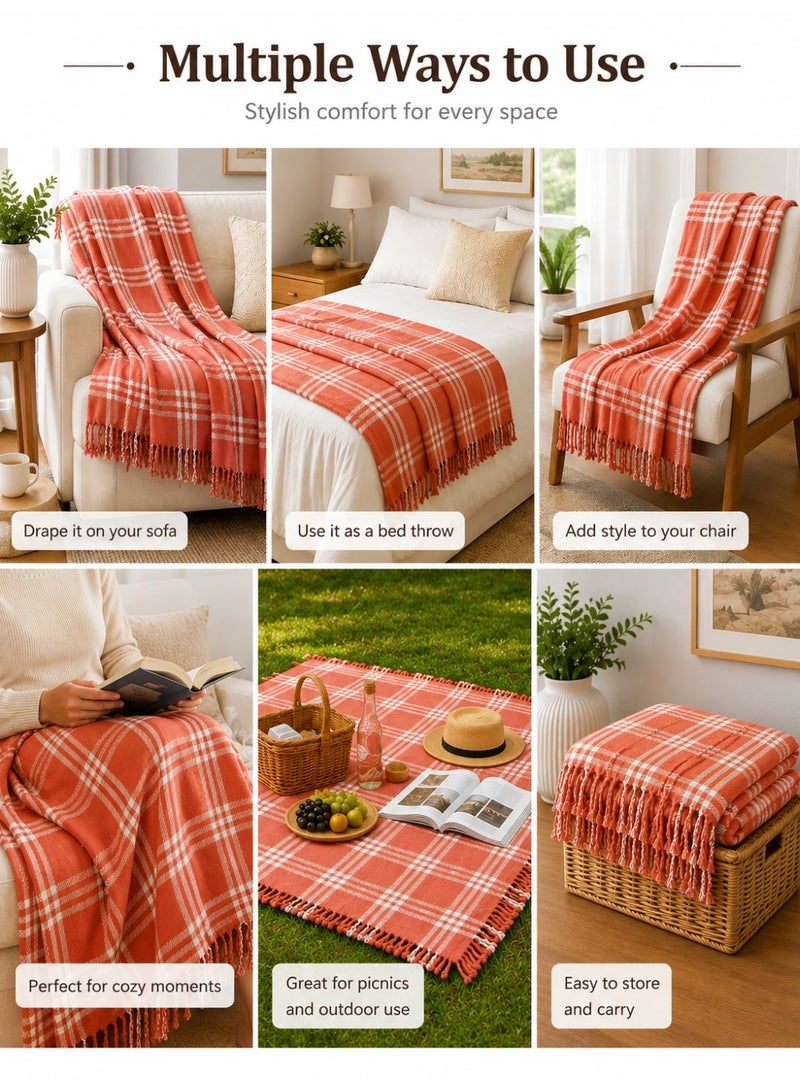 Woven Throw Blanket – 100% Cotton, 127 × 154 cm – Soft Lightweight Textured Blanket with Decorative Tassels for Sofa, Bed & Home Décor - Image 2