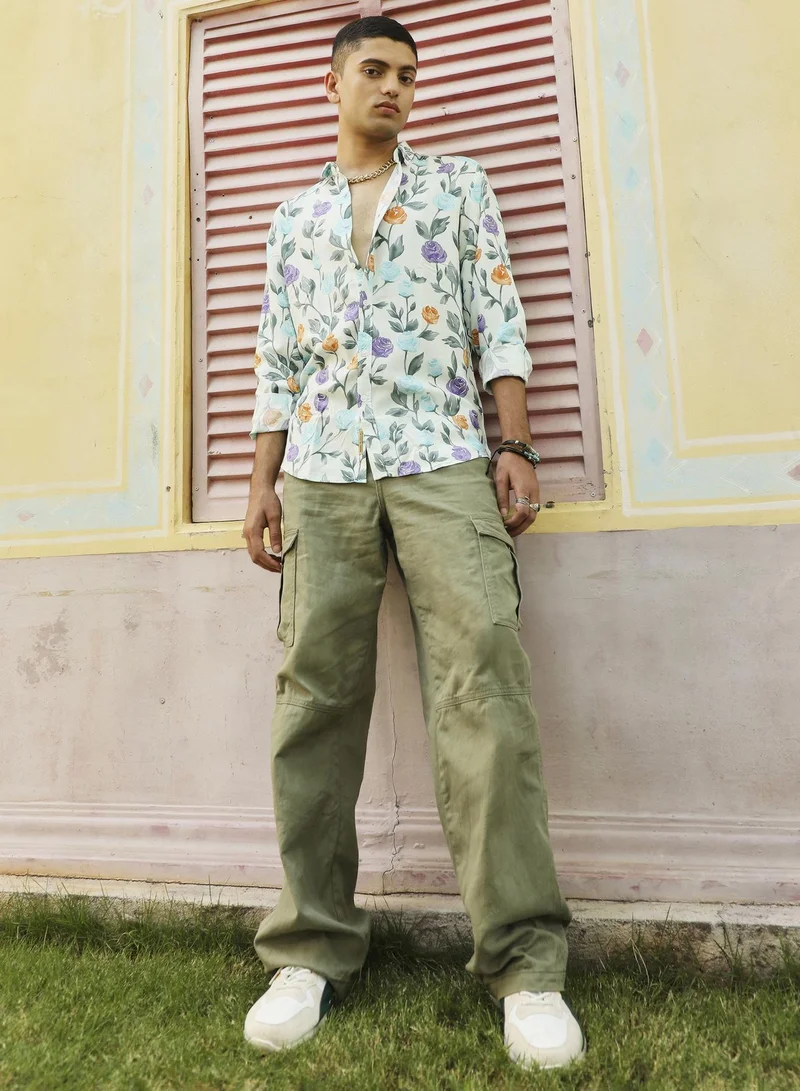 Campus Sutra Men's Rose Garden Print Button Up Shirt