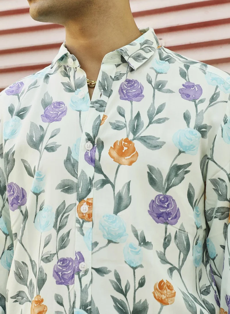 Campus Sutra Men's Rose Garden Print Button Up Shirt