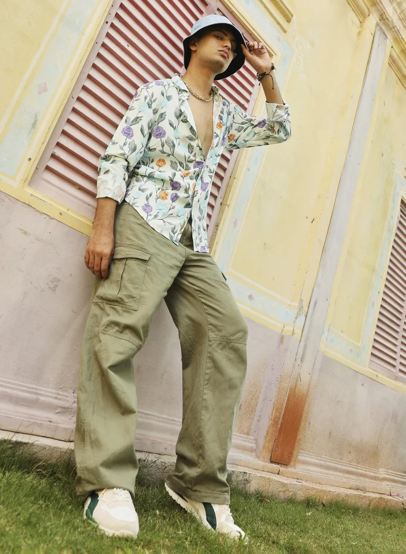 Campus Sutra Men's Rose Garden Print Button Up Shirt
