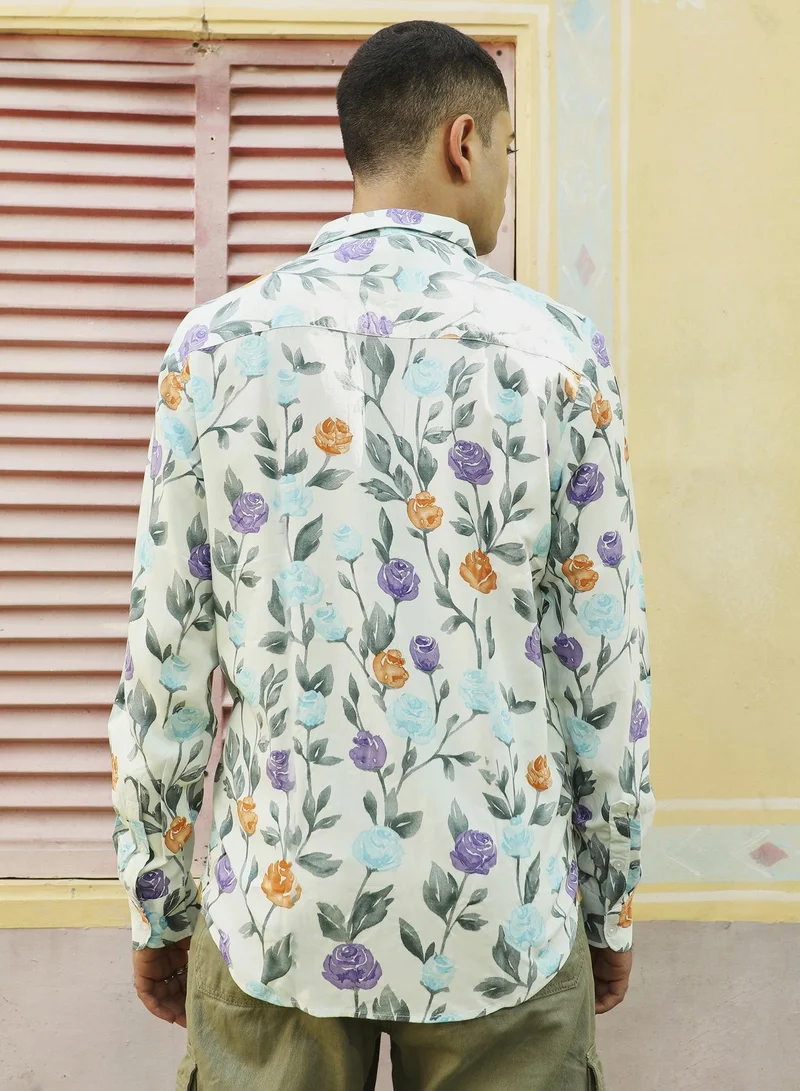 Campus Sutra Men's Rose Garden Print Button Up Shirt